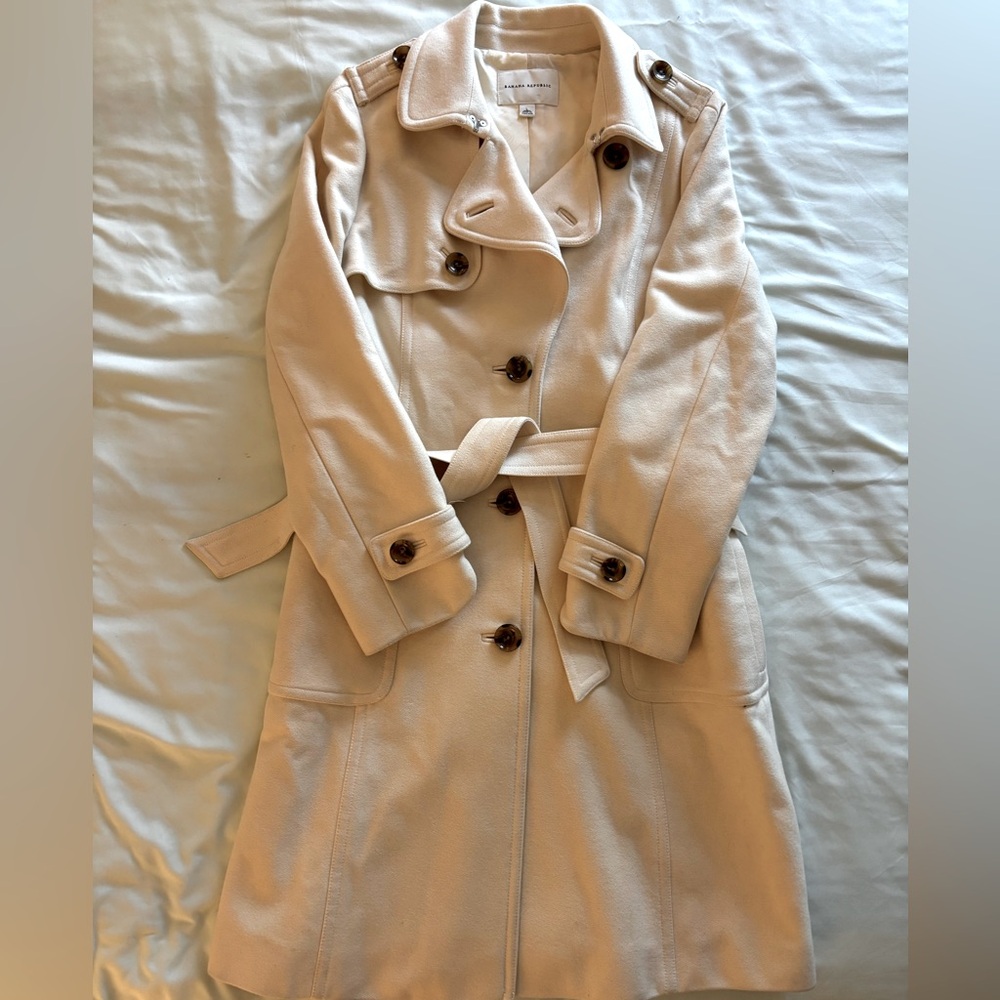 Banana Republic Women's Large Wool Blend Trench Coat Ivory Pockets Lined